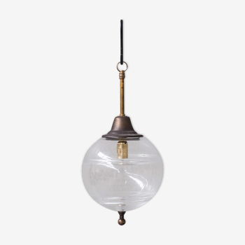 Mid-Century French Clear Glass and Brass Pendant Light