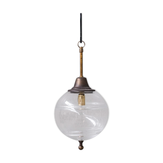 Lampe à Suspension Mid-Century en Verre Transparent et Laiton, France