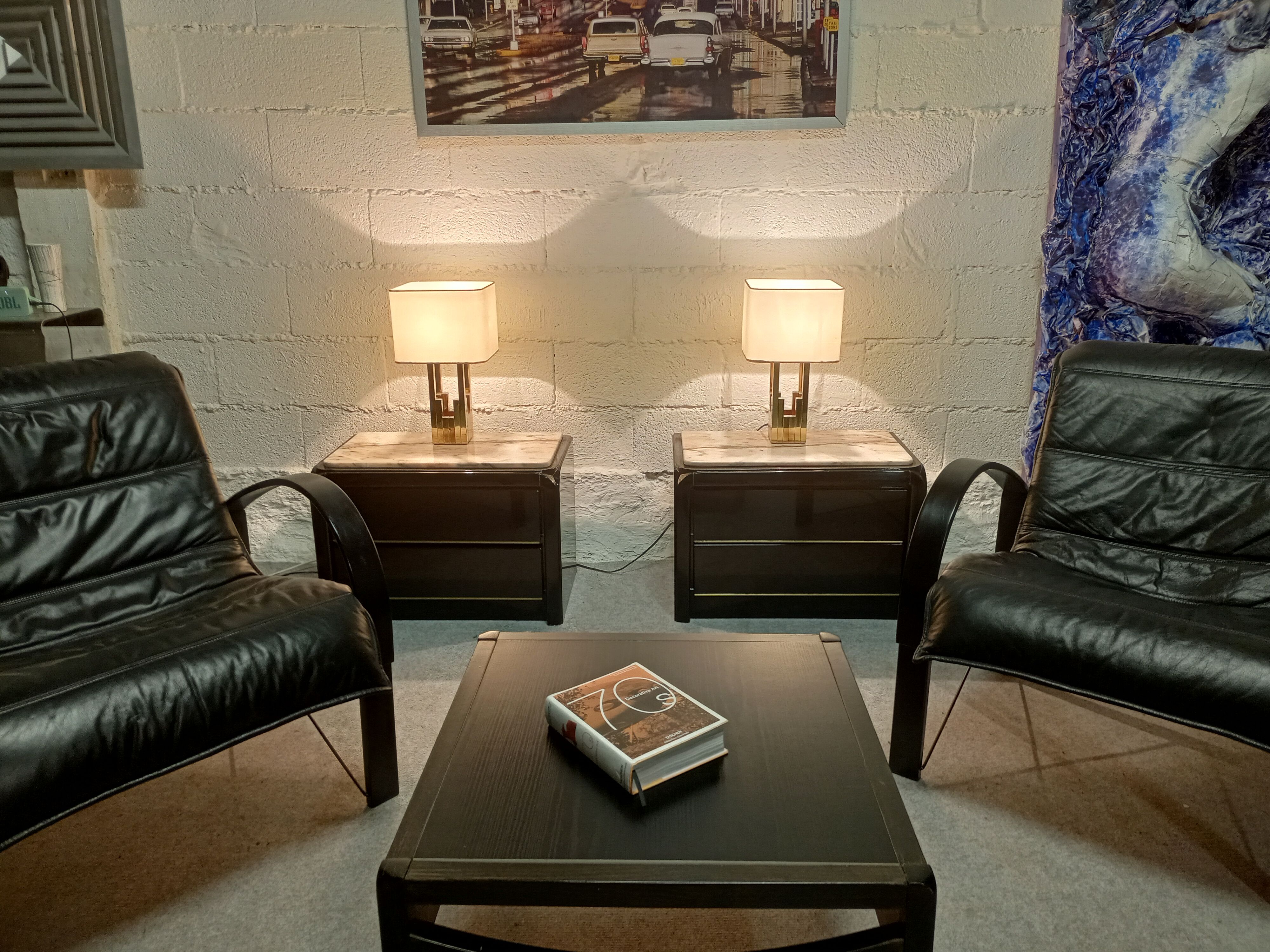 Pair of lacquered and marble bedside tables