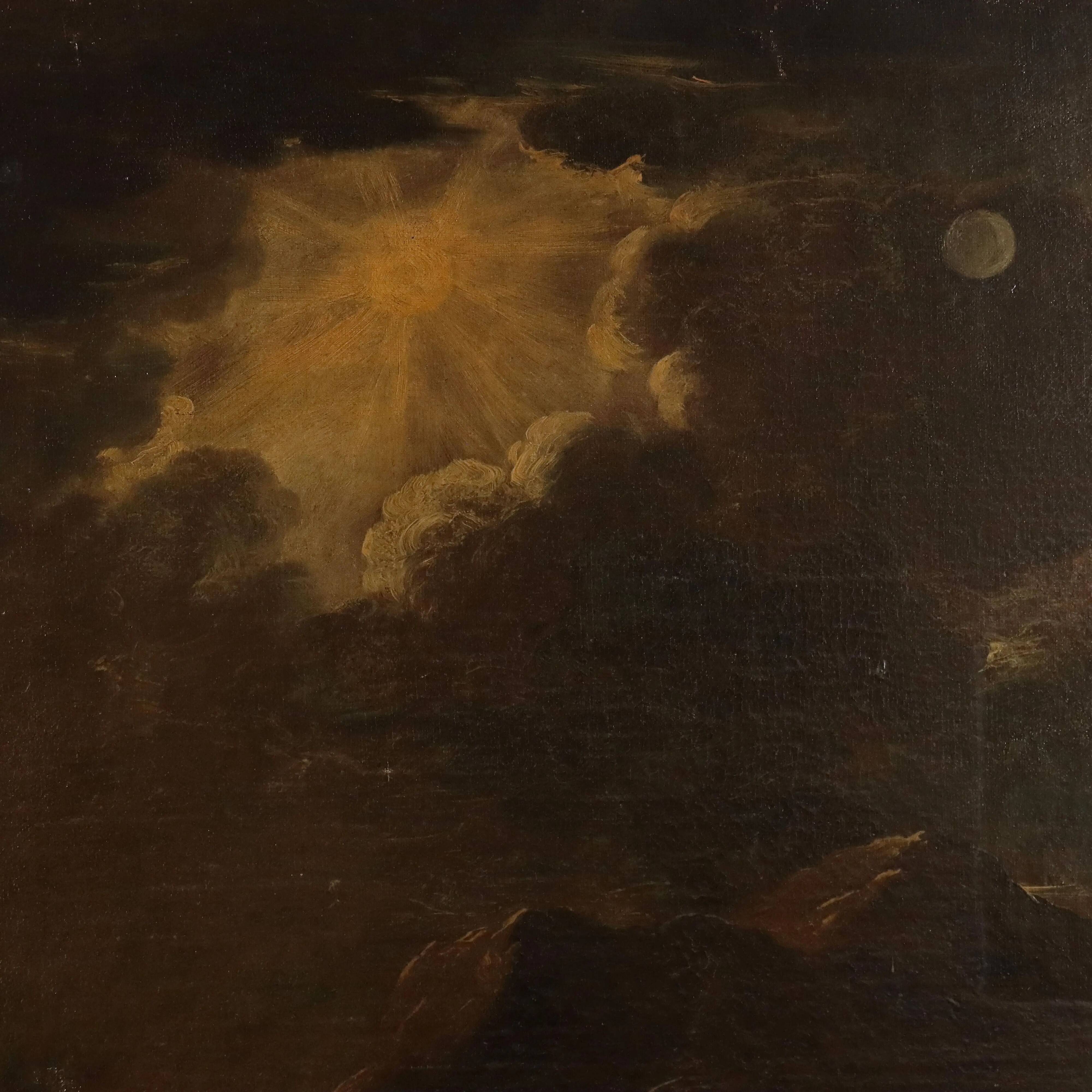 Old painting of a preaching scene, oil on canvas, 18th century.