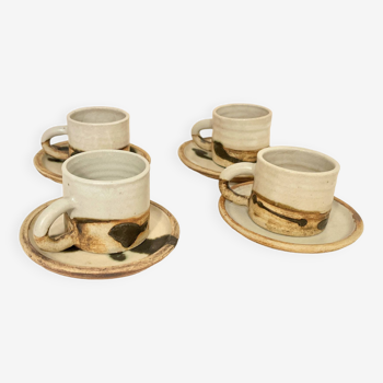 4 tasses soucoupes en céramique  la poterie de la colombe années 60 grès atelier Madeleine Brault