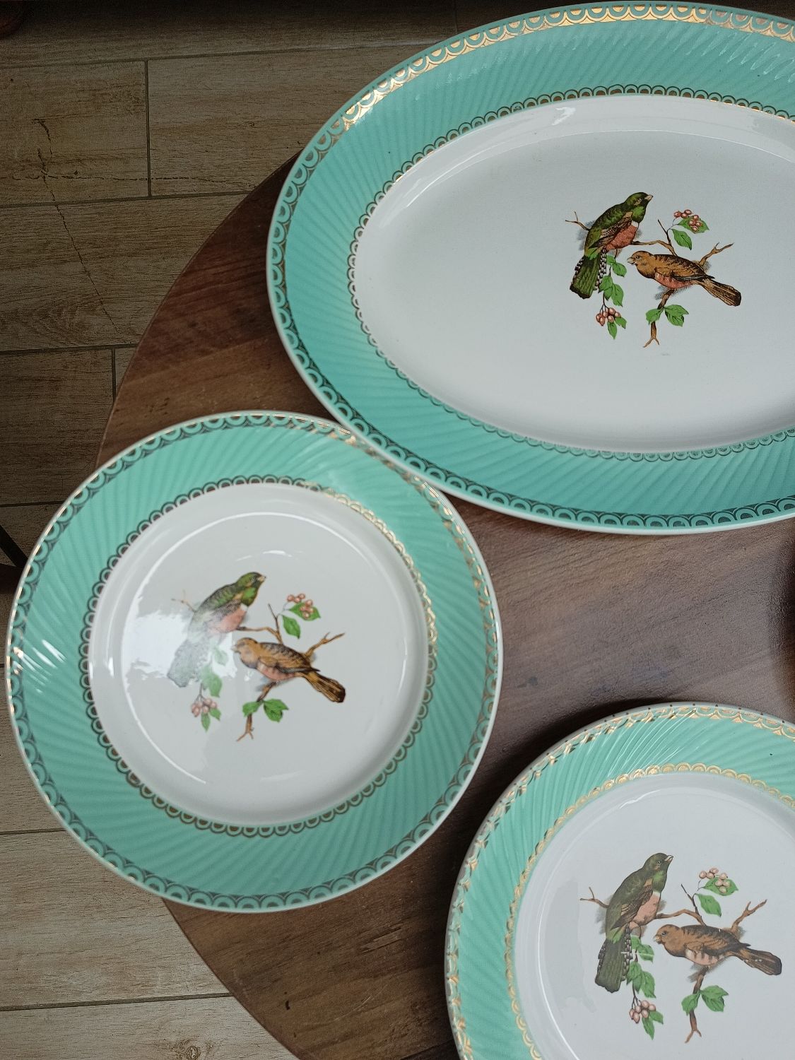 Lot 1 large oval dish and 3 bird plates Green background