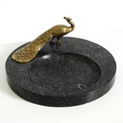 Beautiful, large black granite valet tray featuring a brass peacock, circa