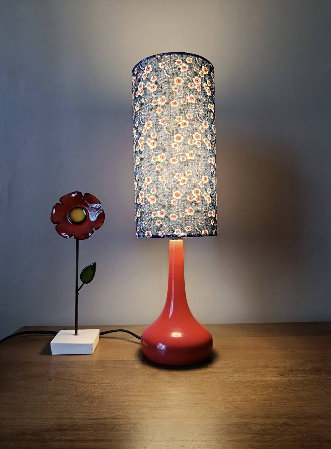 Vintage red bakelite touch lamp, Liberty floral lampshade