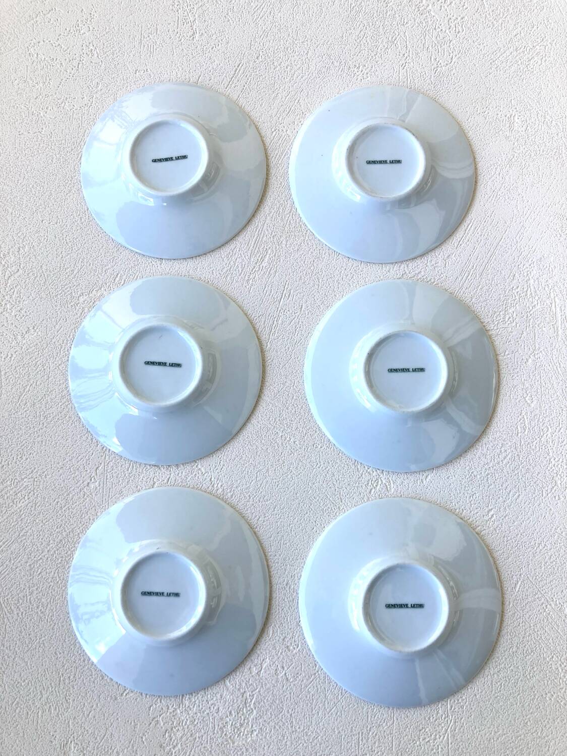 6 Genevieve Lethu Blue and White Coffee Cups and Saucers