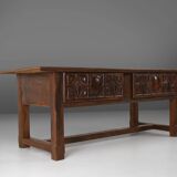 Table console espagnole ancienne en bois de chêne, avec 2 grands tiroirs du 18ème siècle.