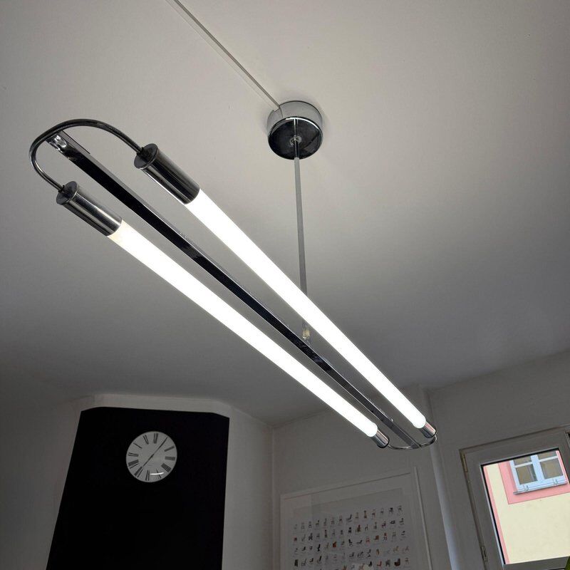 Streamline modern ceiling lamp in chrome with neon tubes, Germany, 1935
