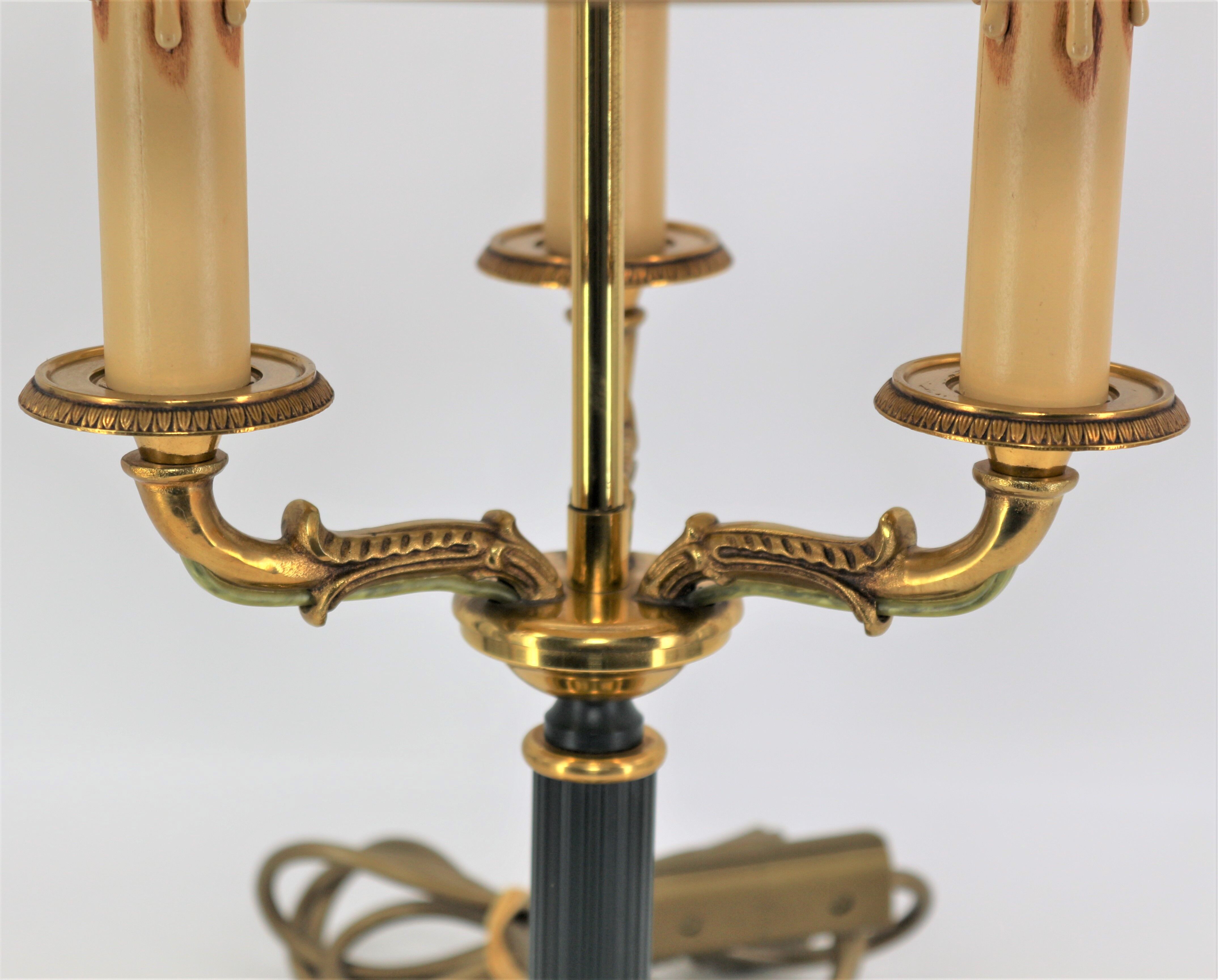 Empire style bronze hot water bottle lamp three lights and lacquered lampshade Lucien Gau