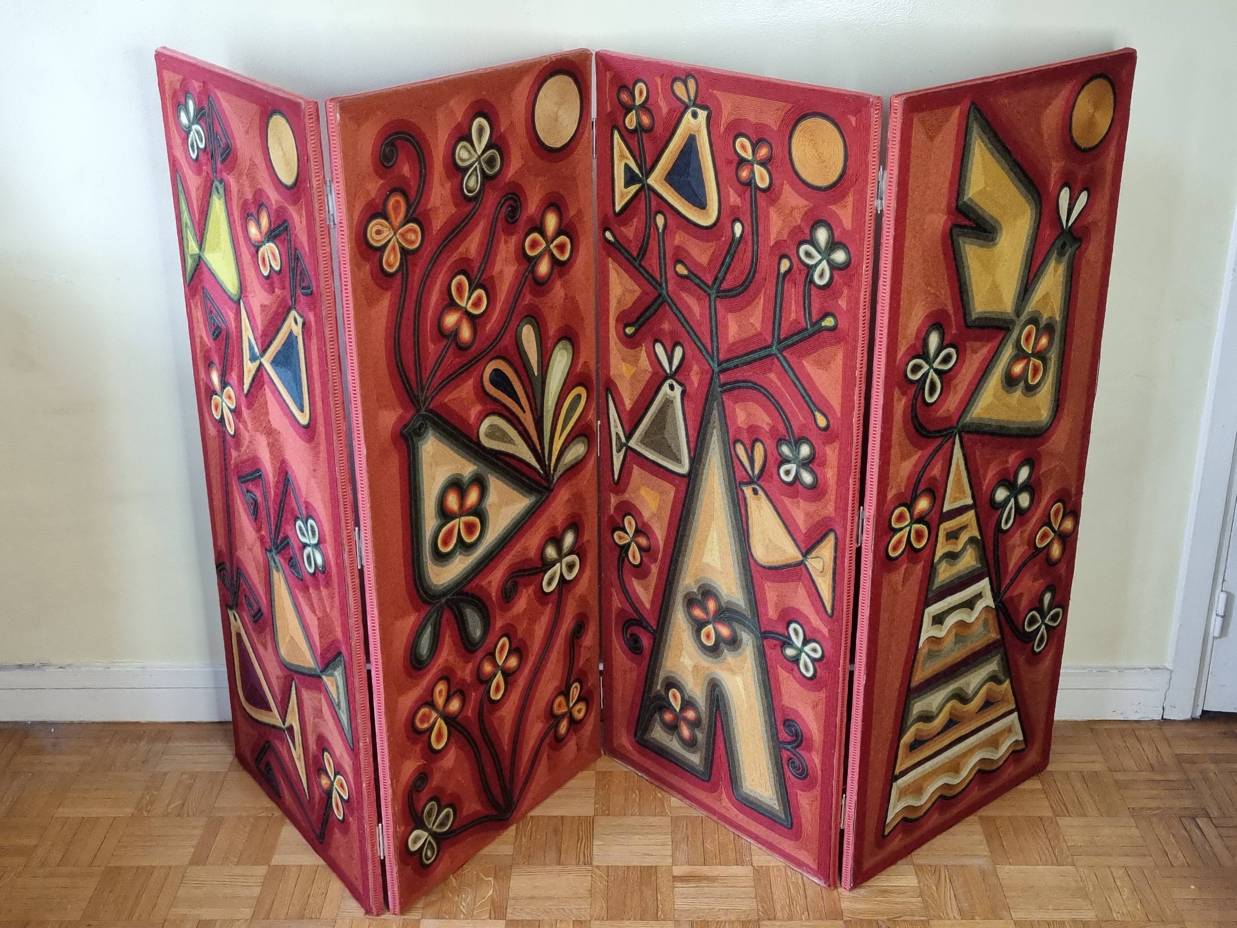 Screen decorated with wool threads, "Huichol" art, Sofia Ribeira, 120 cm