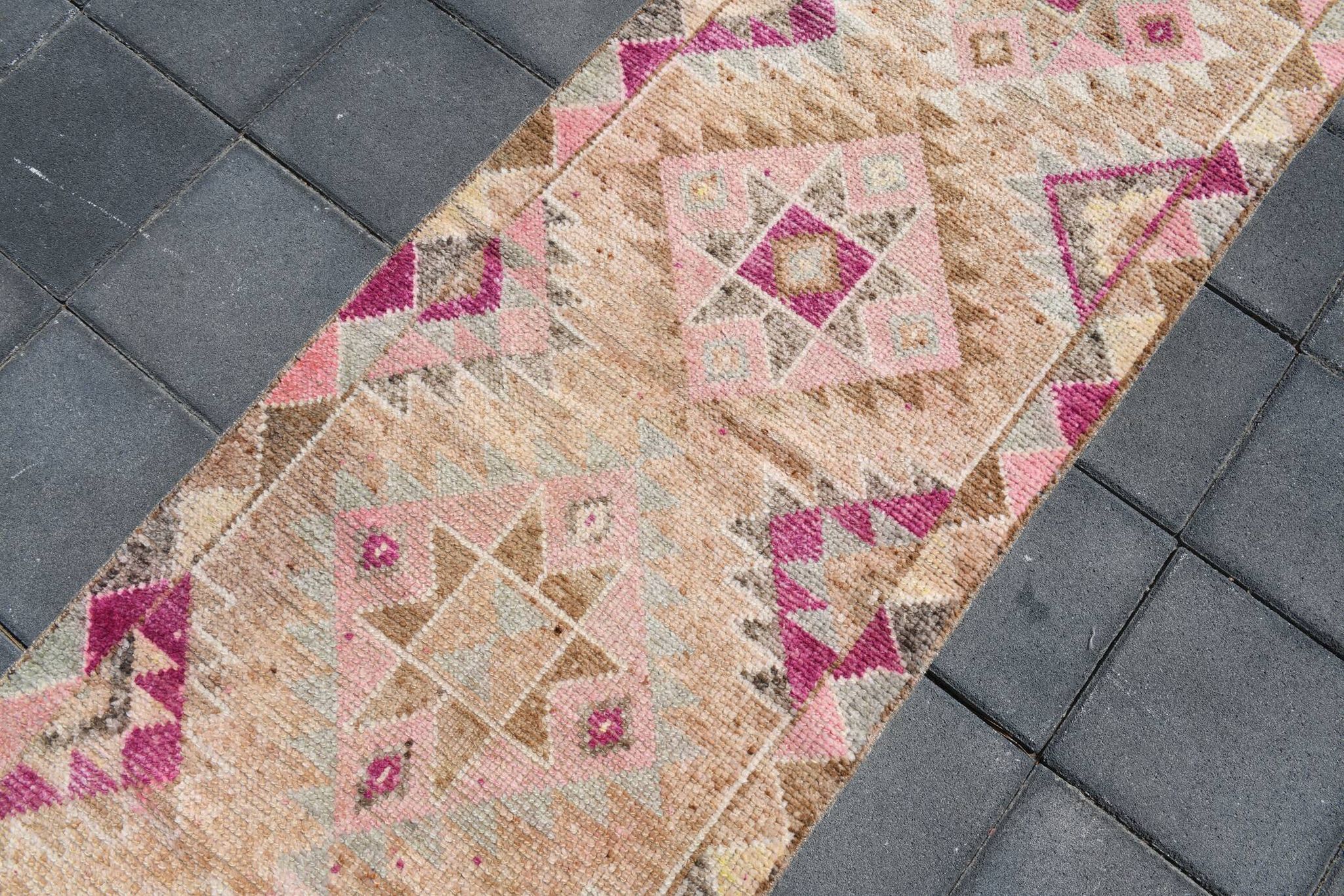 Fuchsia & Pink Vintage Runner Rug,Anatolian Geometric Wool Carpet,80x364 Cm