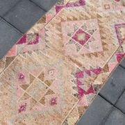 Fuchsia & Pink Vintage Runner Rug,Anatolian Geometric Wool Carpet,80x364 Cm