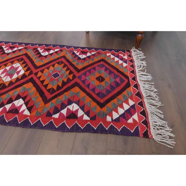 1970s Vintage Turkish Hand-Knotted Wool Cotton Pink Runner Rug 91x340