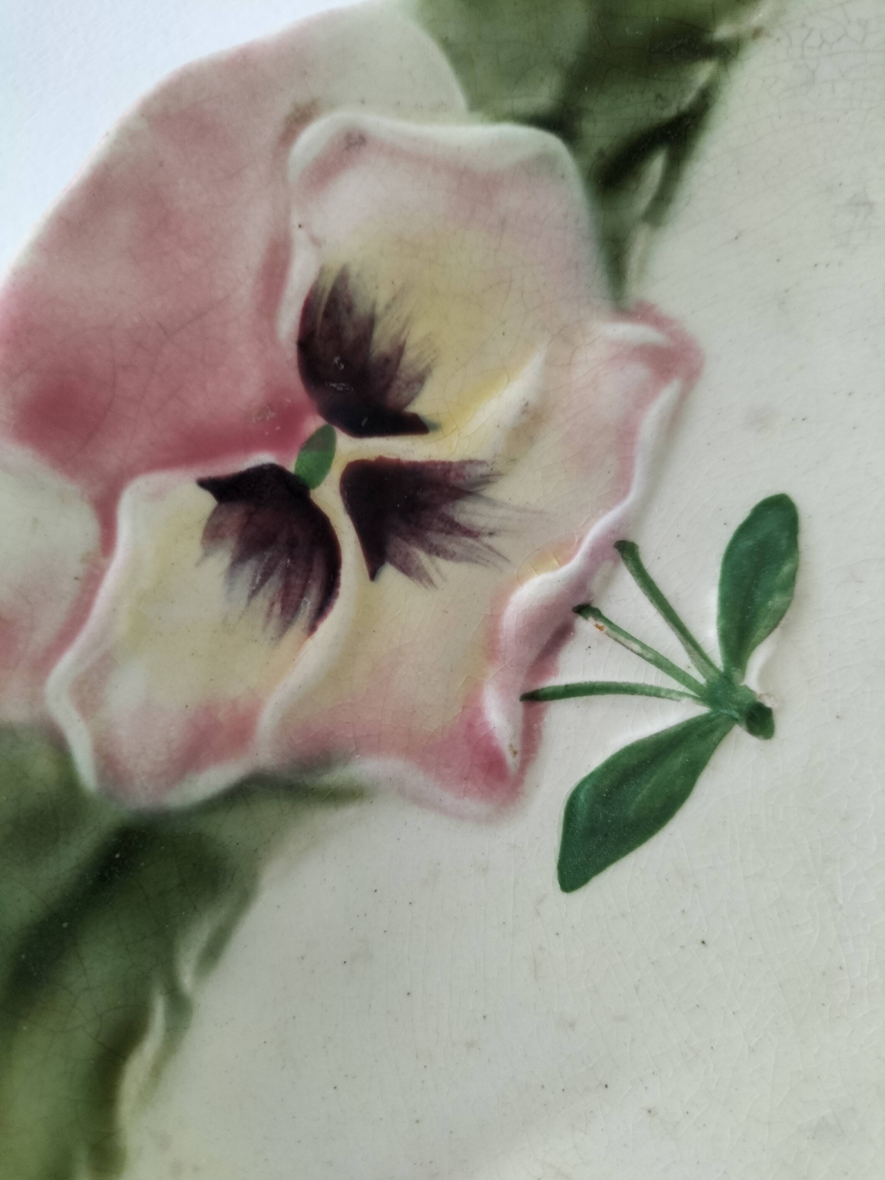 4 barbotine plates with pansies H. Boulenger Choisy-le-Roi