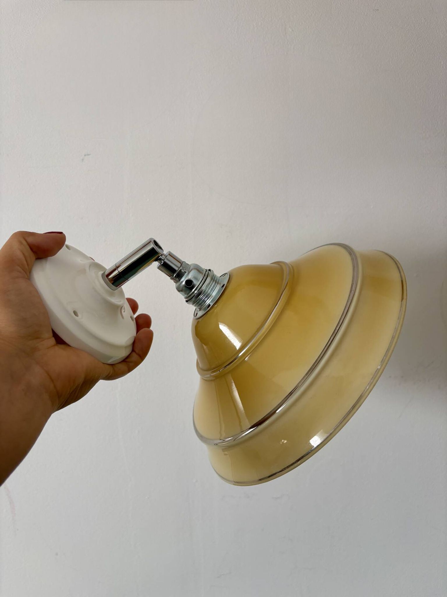 Vintage lampshade in yellow opaline with silver trim.