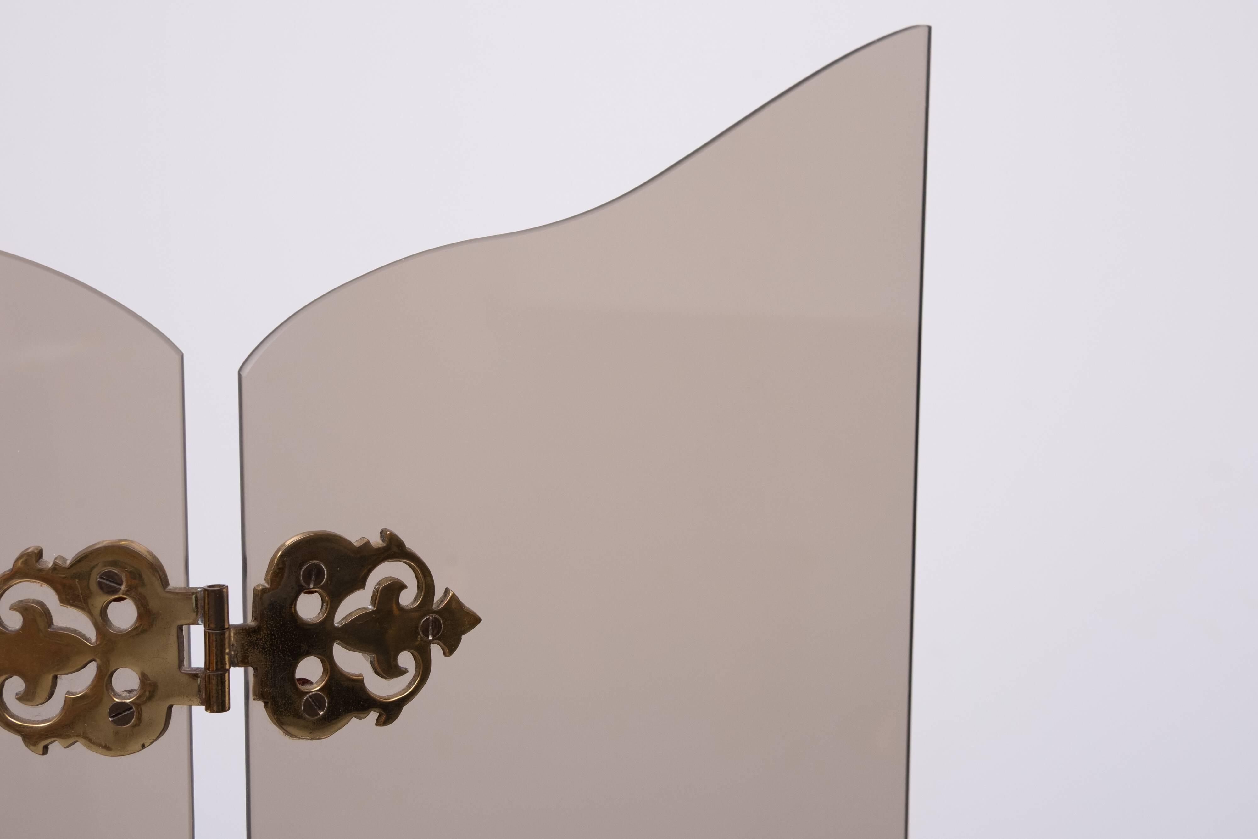 Triptyque pliant en verre fumé, pare-feu des années 1950