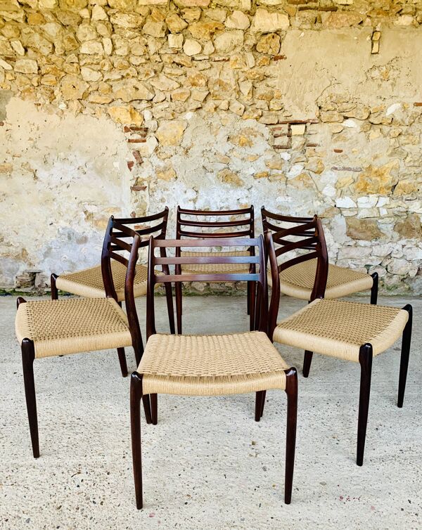 Ensemble de 6 chaises, modèle 78 en palissandre, première édition par Niels Moller, circa 1962-1970
