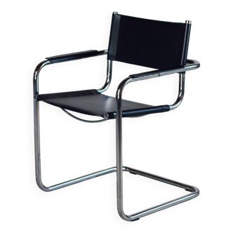 Cantilever armchair in chromed metal and black leather, 1970