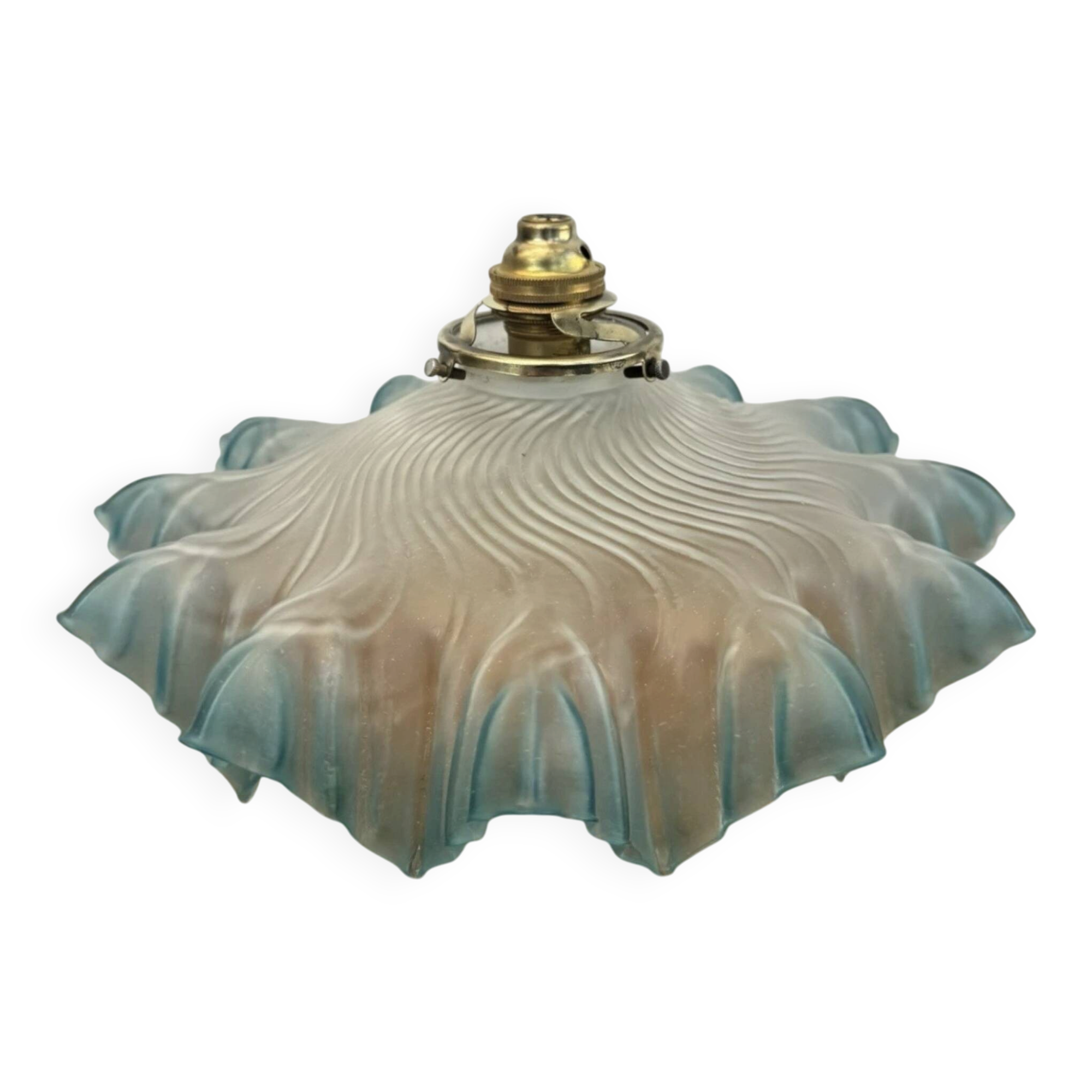 Ancienne Suspension abat jour dentelle verre plissé bleu griffe +douil
