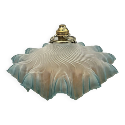Ancienne Suspension abat jour dentelle verre plissé bleu griffe +douil