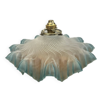 Ancienne Suspension abat jour dentelle verre plissé bleu griffe +douil