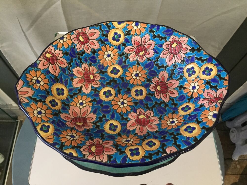 Oval fruit cup in Longwy enamels with floral decoration