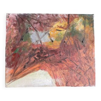 Tableau vintage années 70 paysage jardin art brut