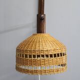 Adjustable mid-century wooden wall lamp with rattan shade, 1970s