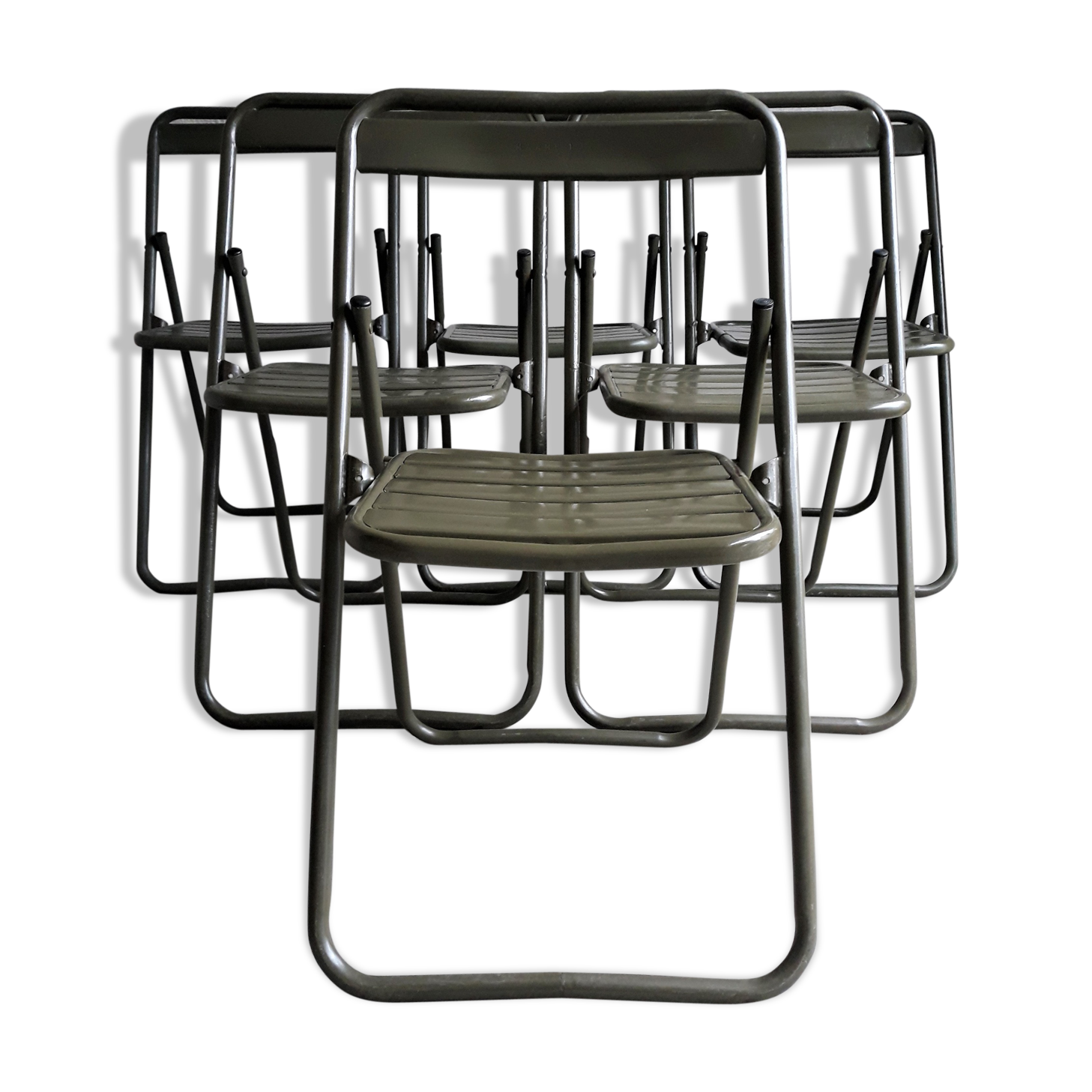 Series of 6 metal chairs Army khaki green / folding  Vintage