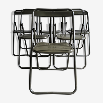 Série de 6 chaises métal armée vert kaki pliantes vintage