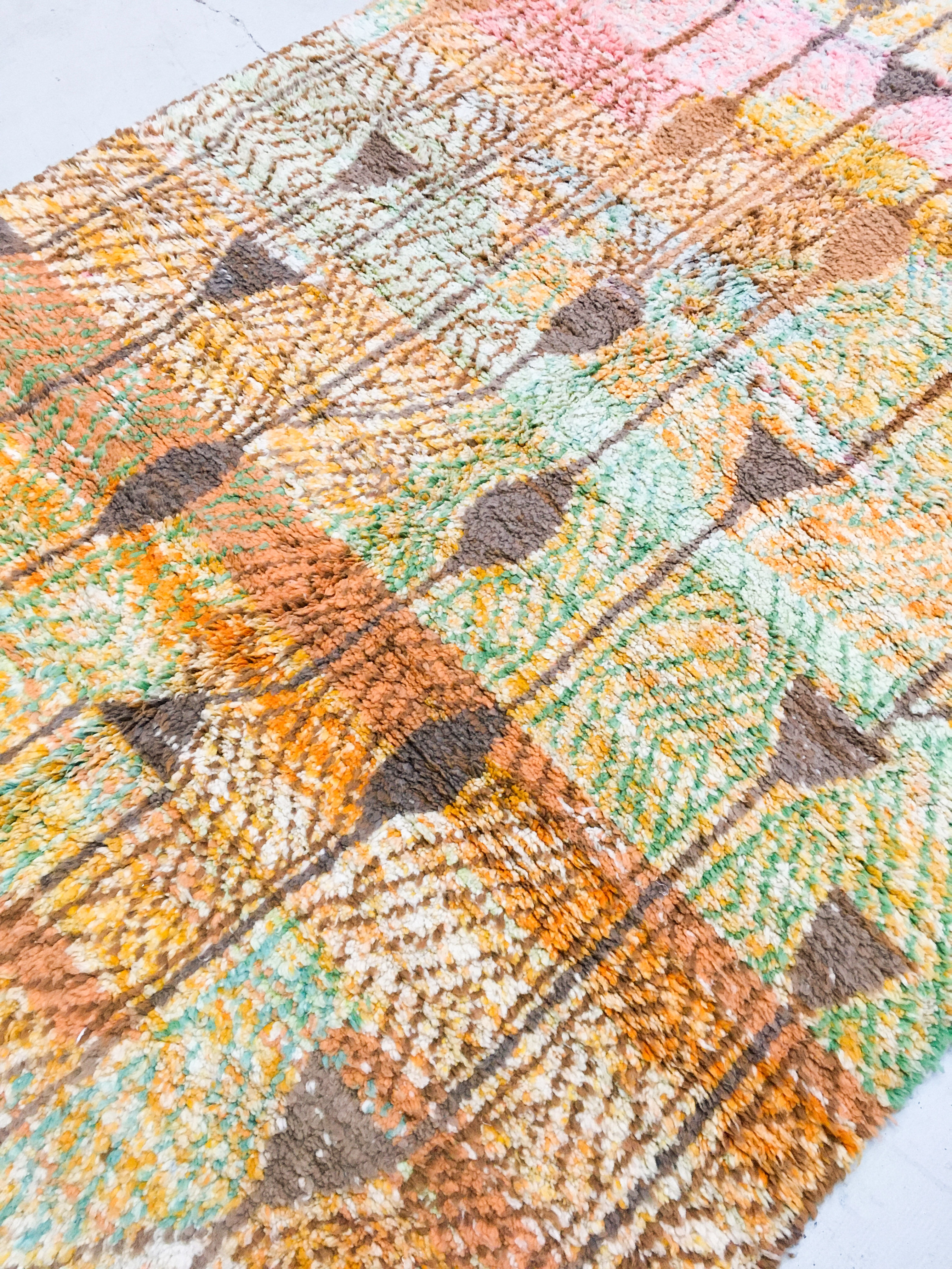 Moroccan Berber rug Boujaad ochre with colorful patterns 297x197cm