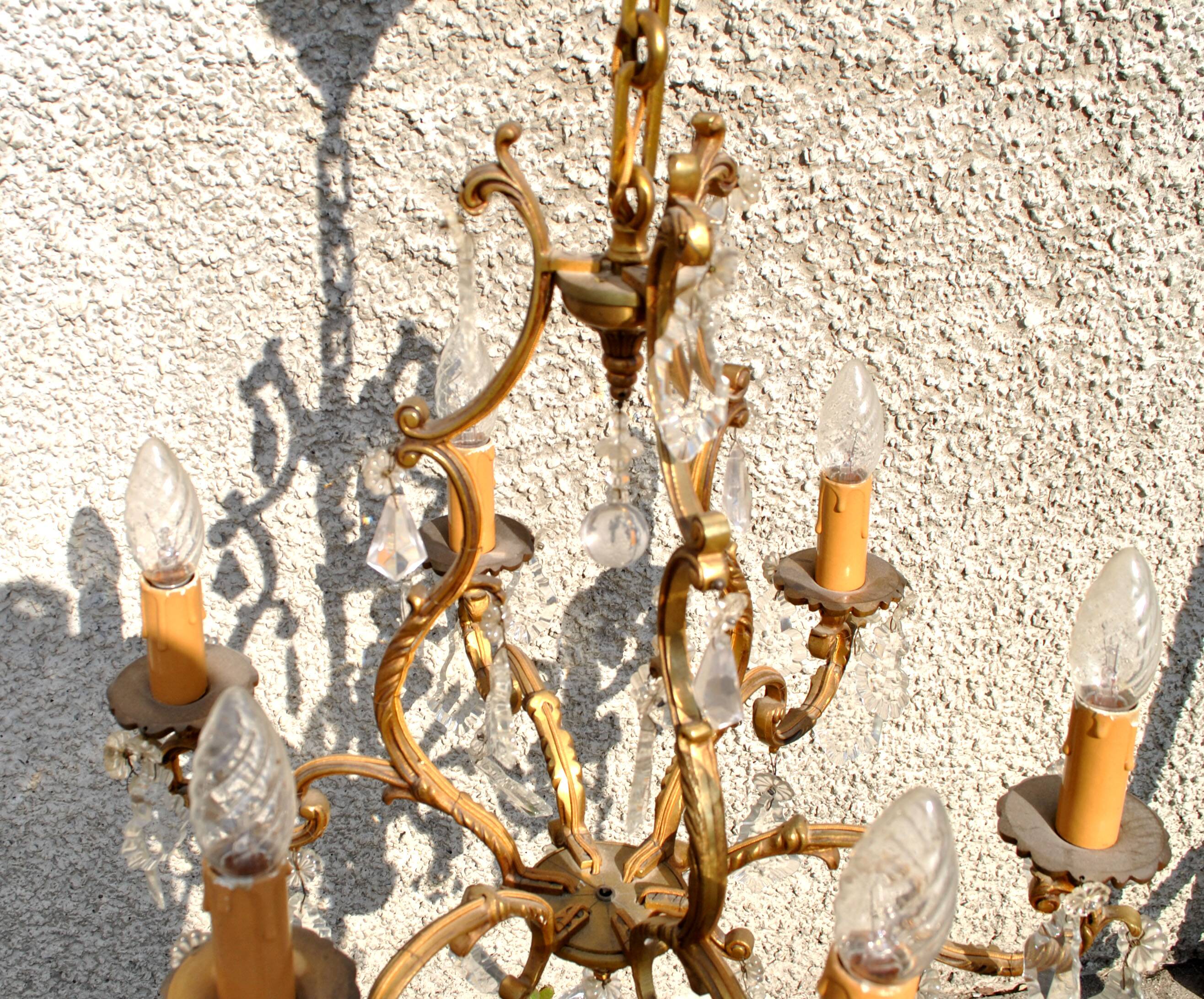 Retro bronze and crystal tassel chandelier - 6-light pendant lamp