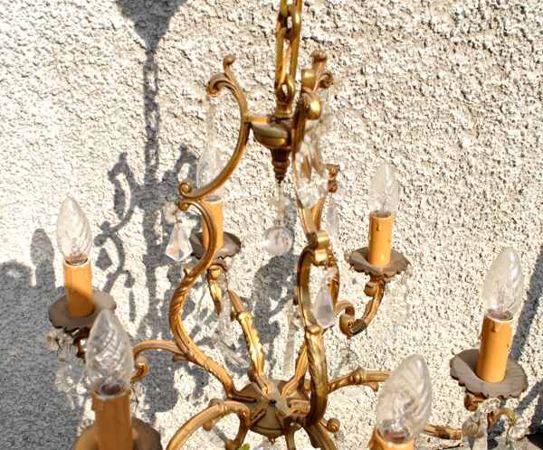 Lustre à pampilles rétro bronze doré et cristal - suspension lampe 6 feux