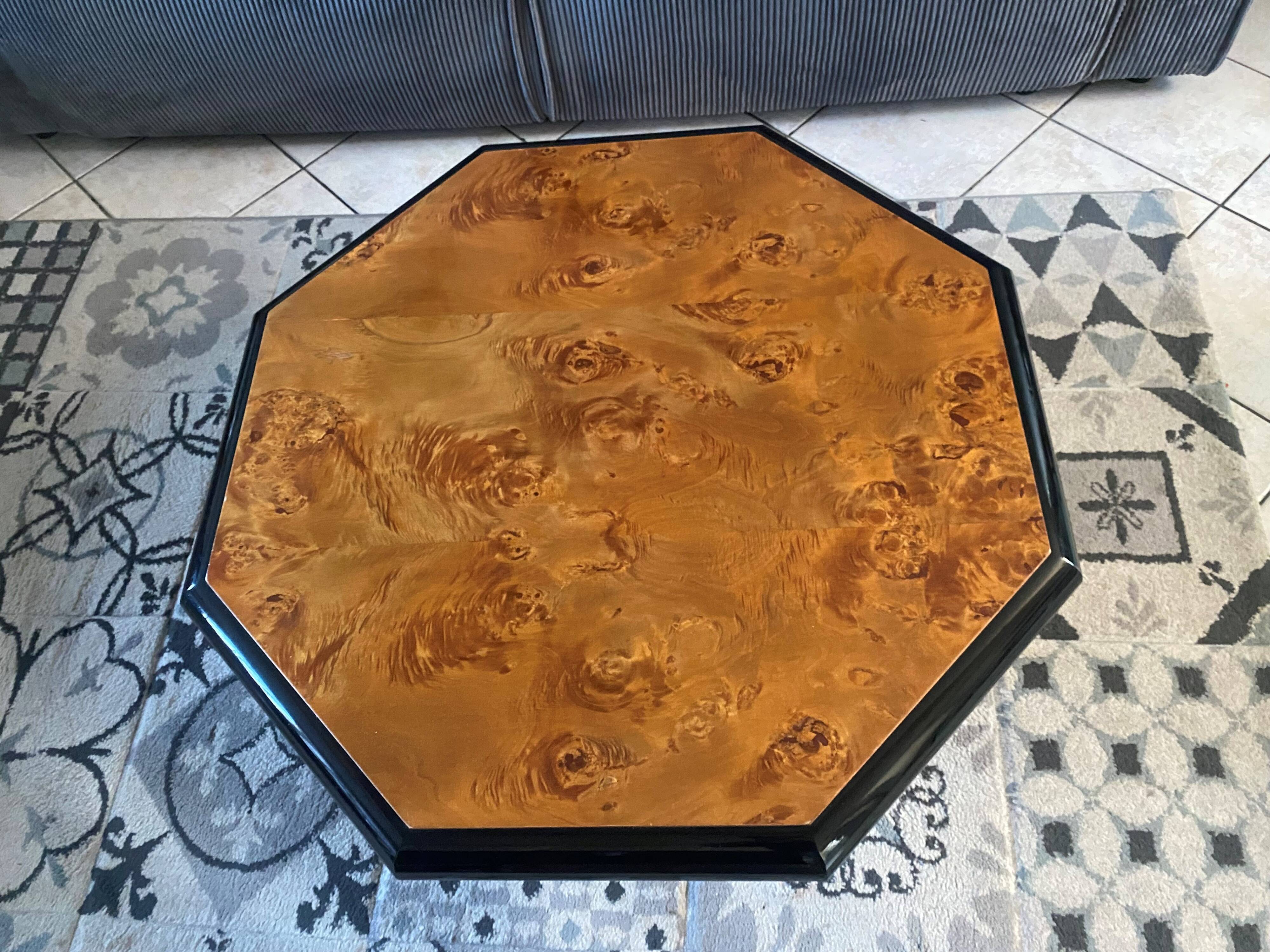 Table basse en loupe d’orme vintage 70s