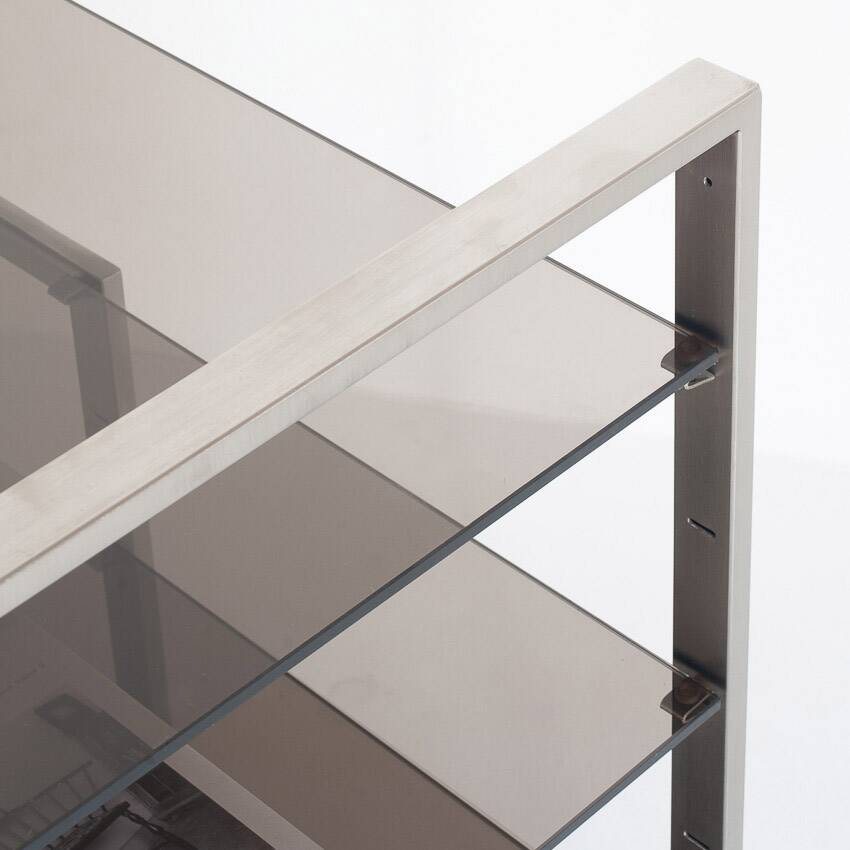 Vintage TV or HiFi cabinet. Brushed stainless steel and smoked glass. France, 1970s