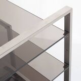 Vintage TV or HiFi cabinet. Brushed stainless steel and smoked glass. France, 1970s