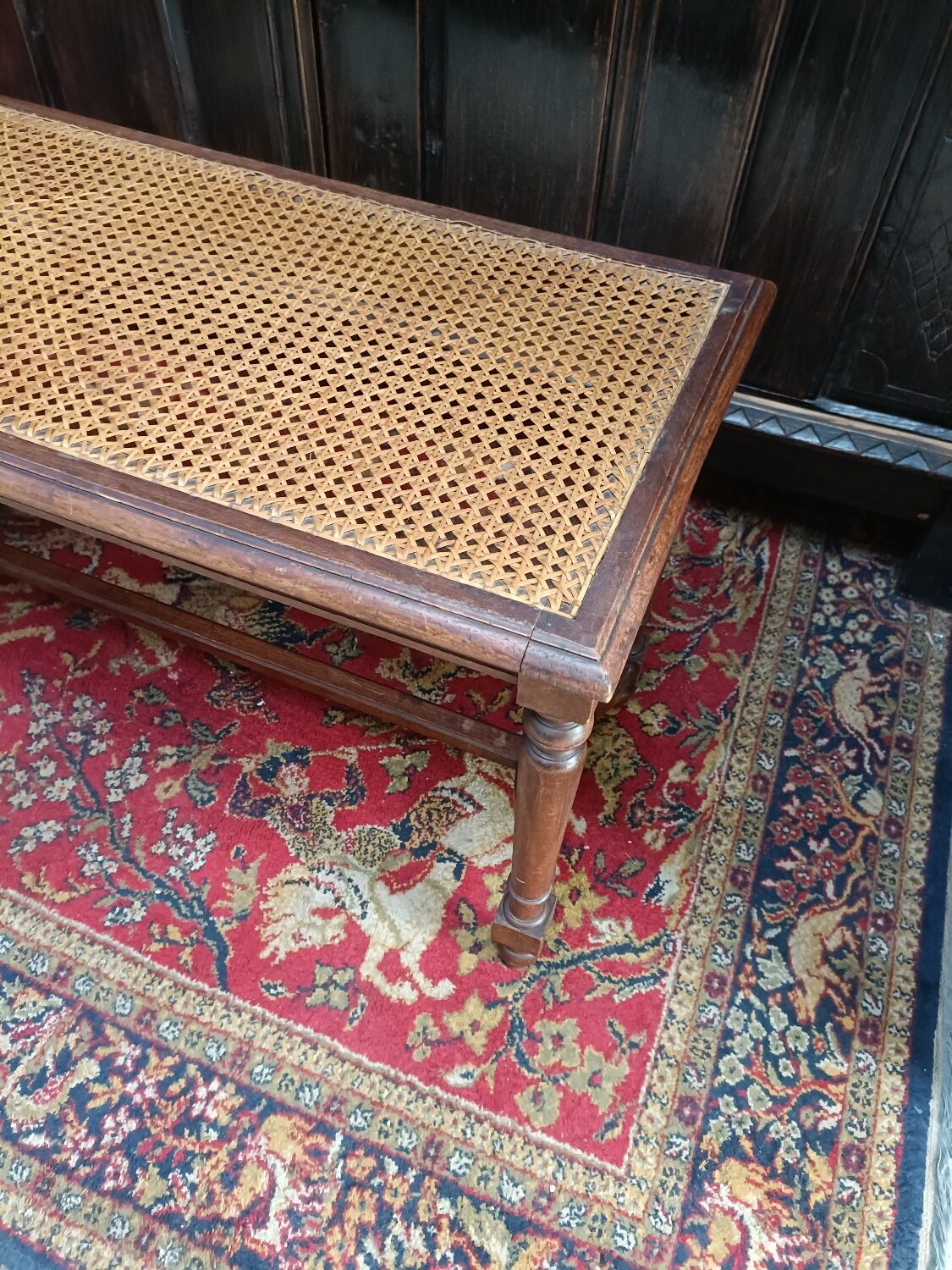 Wooden bench or piano bench with tanned seat