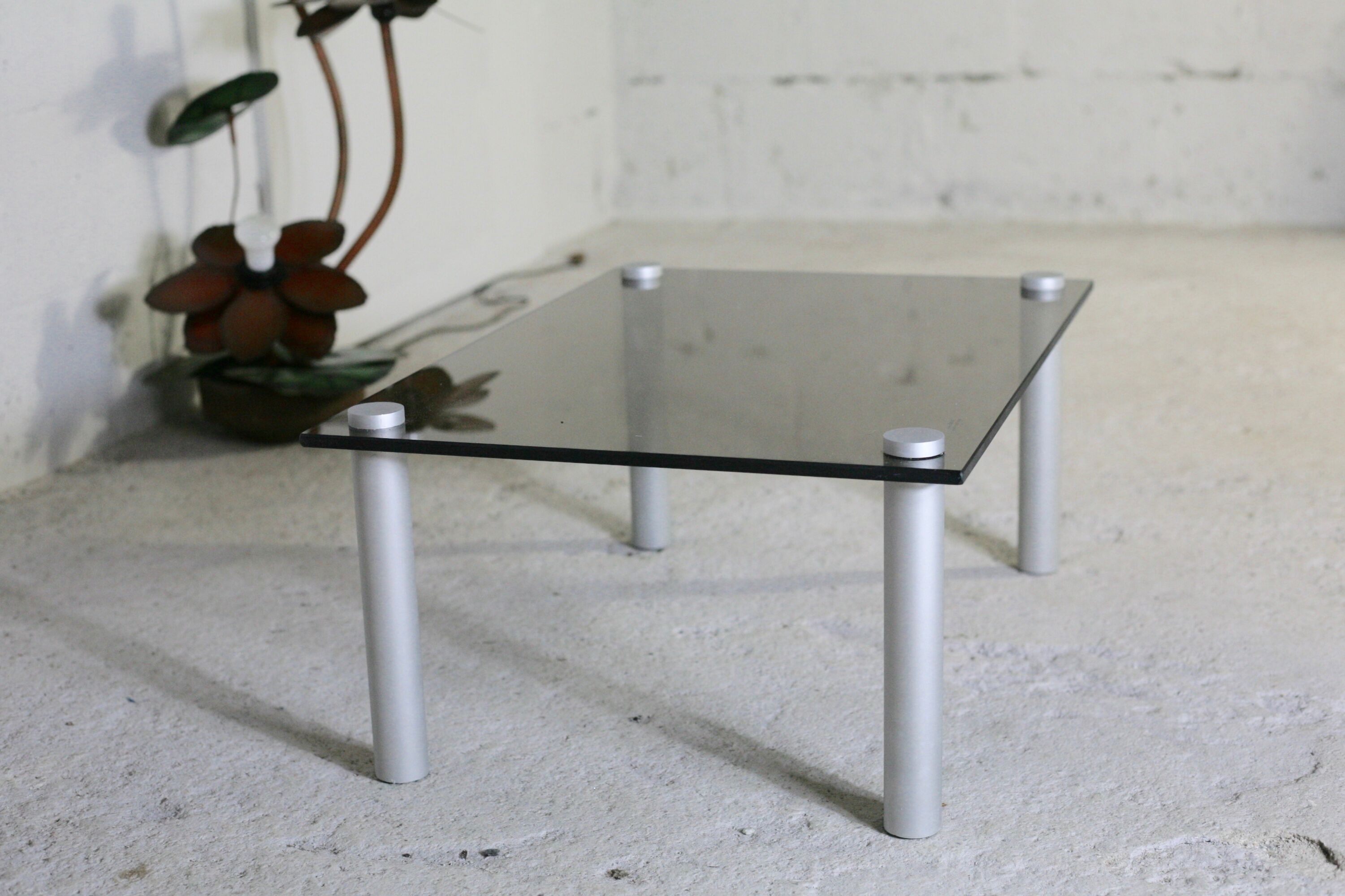 Coffee table cylindrical footings, tray smoked glass, circa 1970