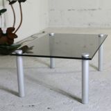 Coffee table cylindrical footings, tray smoked glass, circa 1970