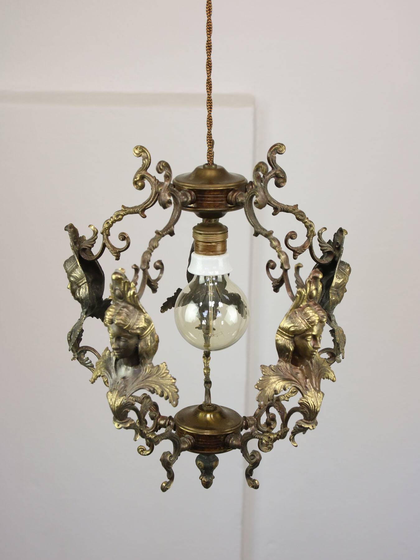 Vintage Patinated Bronze Figural Pendant Lamp