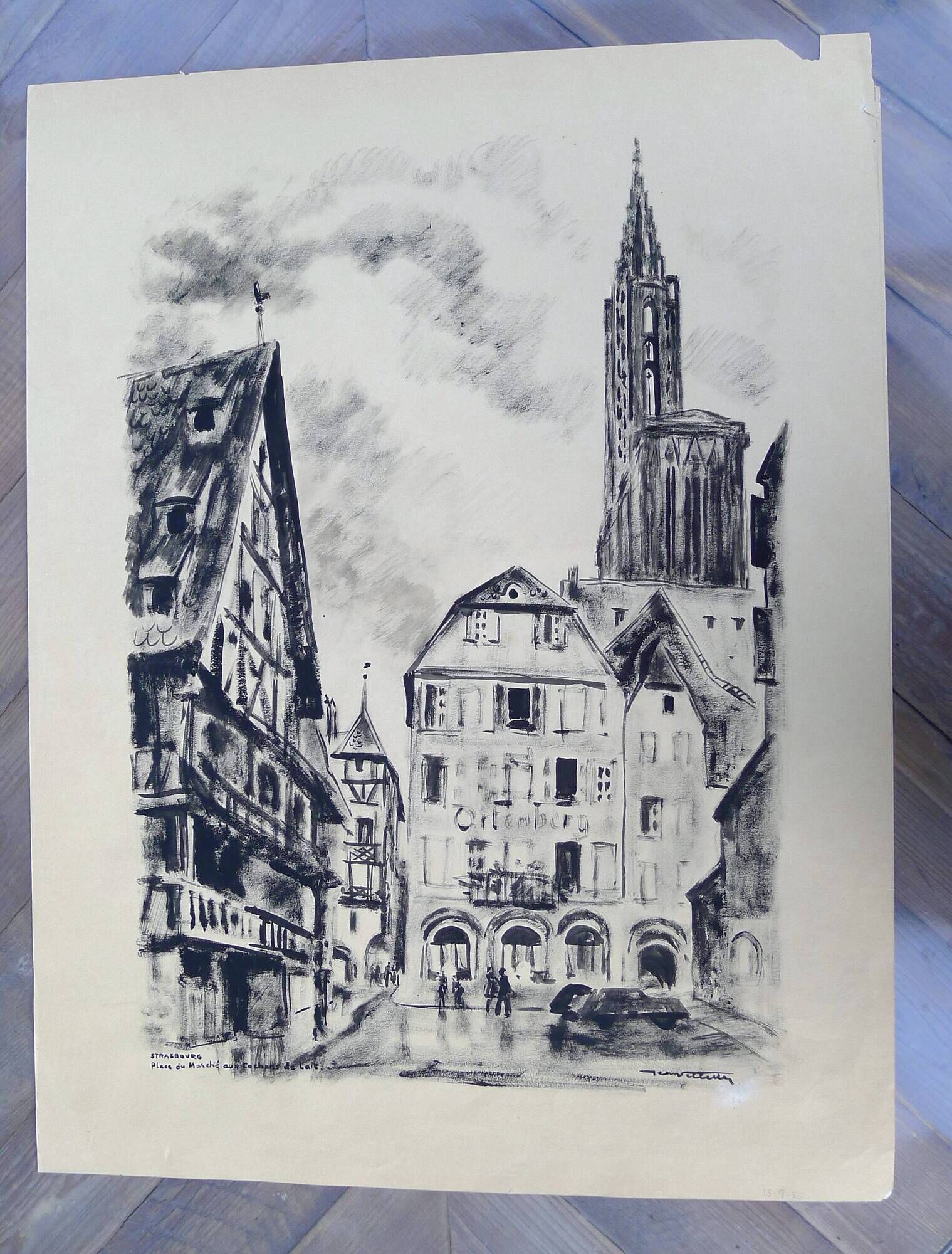 Strasbourg, original Indian ink wash drawing by Jean Villette (1913-2005)