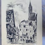 Strasbourg, original Indian ink wash drawing by Jean Villette (1913-2005)