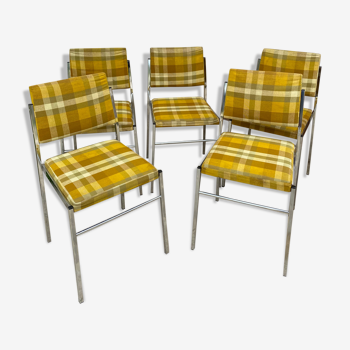 Série de 5 chaises vintage 1970 chromé et tissus