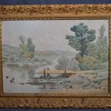 C. CHOUET "The pond and the ducks" Signed watercolor