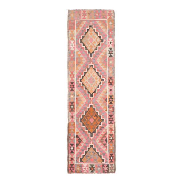 1970s Turkish Oushak Handmade Wool Cotton Pink Runner Rug 98x327