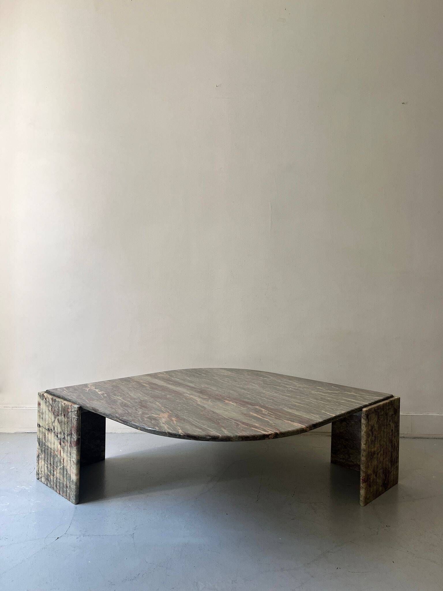 water green, beige and pink/burgundy marble drop coffee table, Roche Bobois 1970