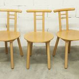 Set of 3 minimalist chairs in light wood, 1980s Italy