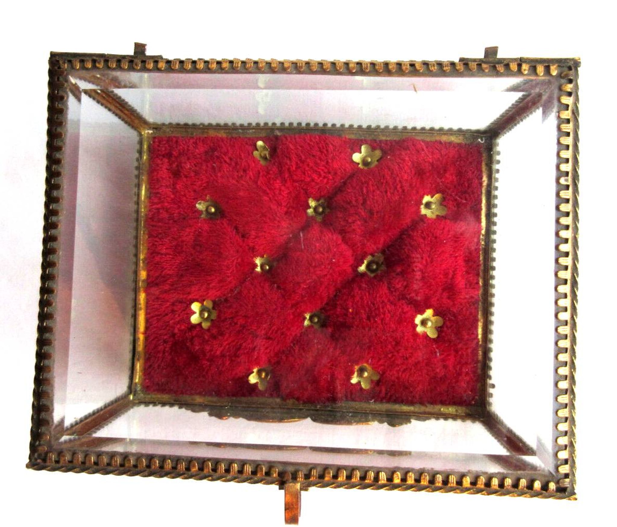 Napoleon III jewelry box, beveled glass and gilded brass, red padded, 4 feet