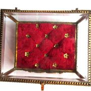 Napoleon III jewelry box, beveled glass and gilded brass, red padded, 4 feet