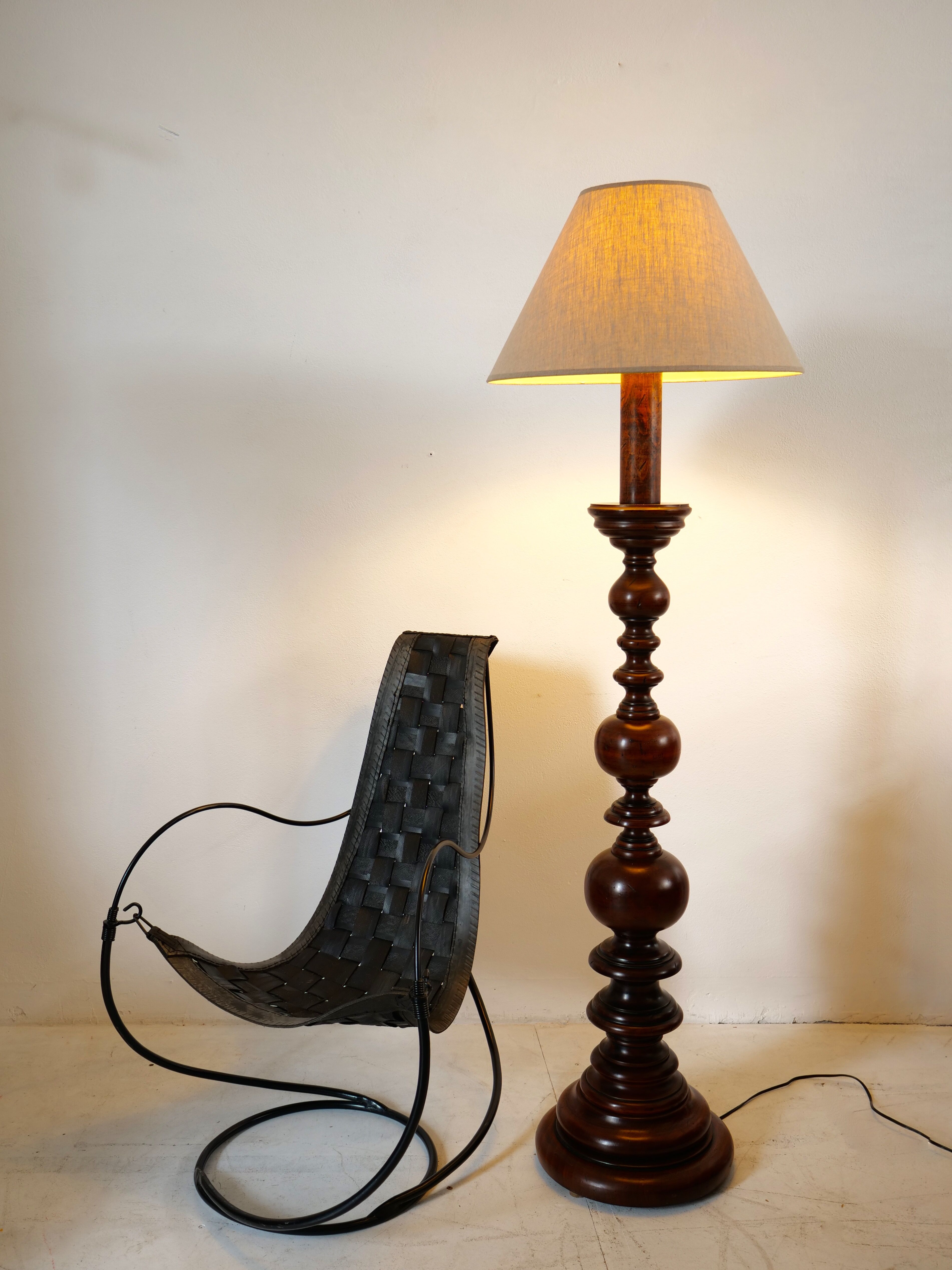 Turned wooden floor lamp