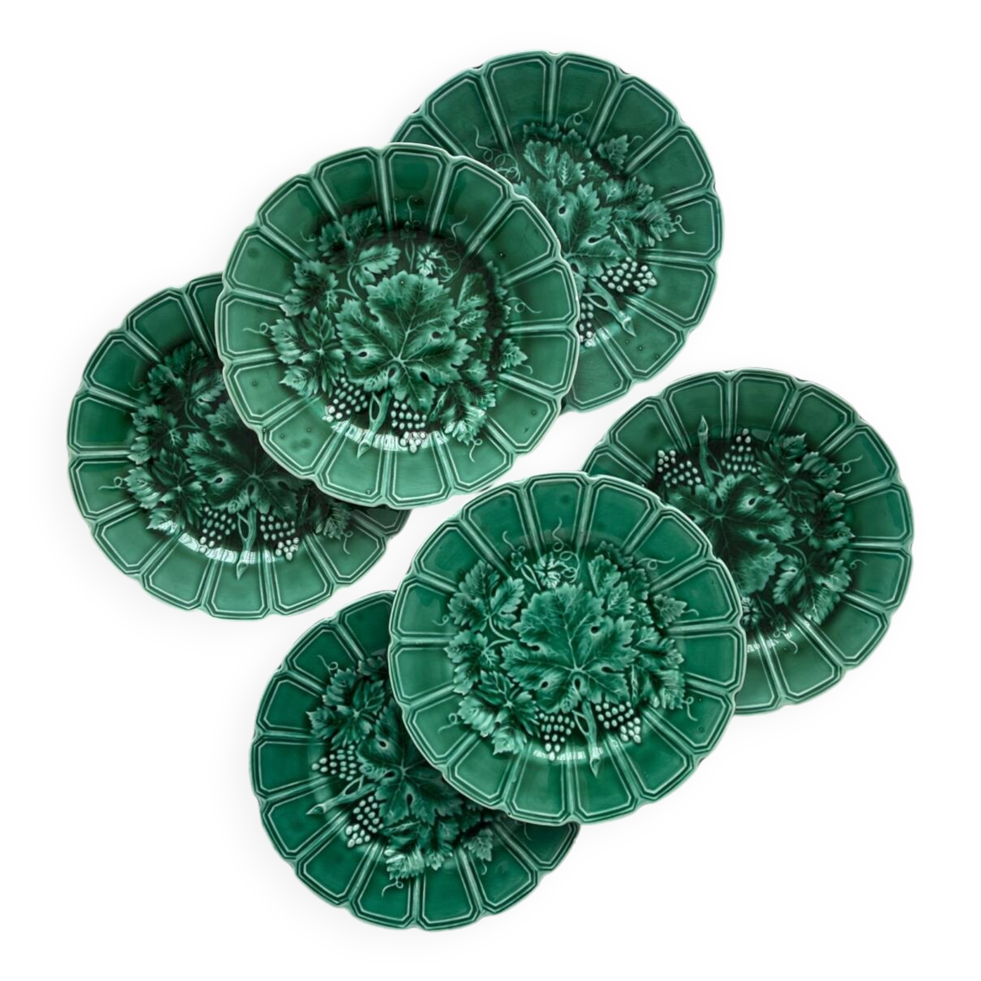 6 Sarreguemines earthenware dessert plates in slipware with vine leaf design